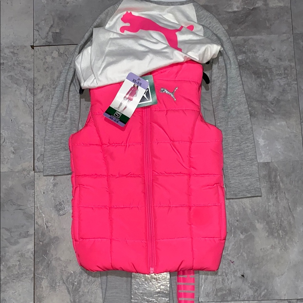 Puma Pink Puffer Vest with Logo size Xs 5/6 toddler girl three piece set 5y 6y